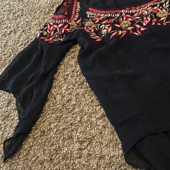 Vintage Collection Black Asymmetrical Blouse W/ Red + Gold Beading Size Medium - Picture 5 of 8